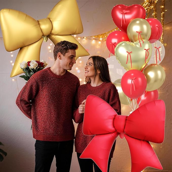 16Pcs Red and Gold Heart Balloons, 38 Inch Bow Balloons, Red Champagne Gold Clear Balloon with Bow Ribbons for Anniversary Birthday Wedding Bridal Baby Shower Valentines Day Decorations