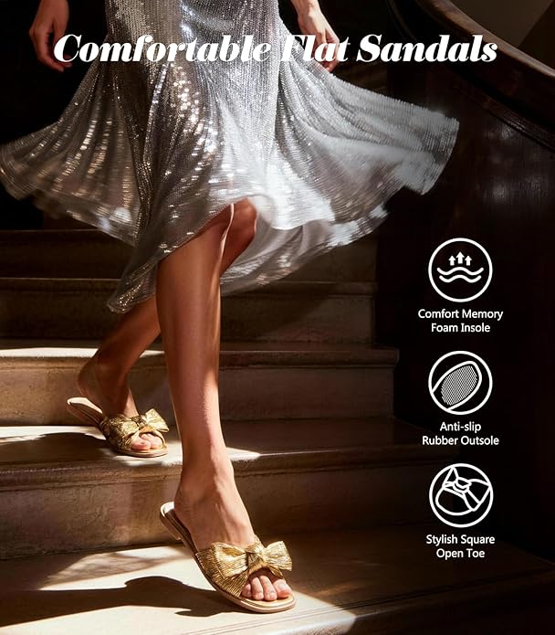 Ankis Womens Pleated Bow Flat Sandals White Gold Sandals for Women 2026 Dressy, Comfortable Open Toe Dress Sandals for Summer Beach Wedding Party Graduation Slip On Slides Sandals
