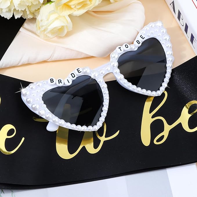 Bride to Be Set: Pearl-Trimmed Heart Sunglasses, Pearl BRIDE Sash & Tulle Veil - Bachelorette Party Bridal Accessories