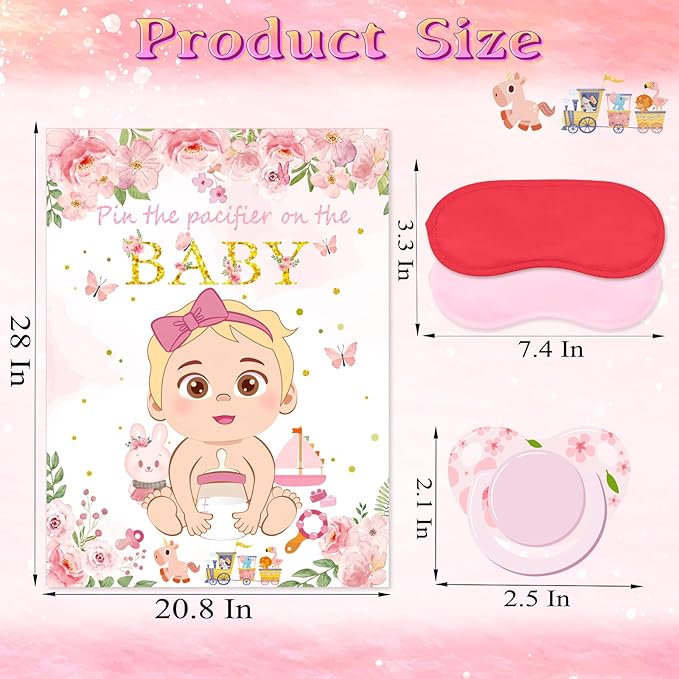 WNINK Pin The Pacifier On The Baby Pink Baby Shower Game Party Decorations Include Large Poster 30 Pacifier Stickers Game Set for Baby Shower Activity, Gender Reveal, Birthday Party Decor Supplies