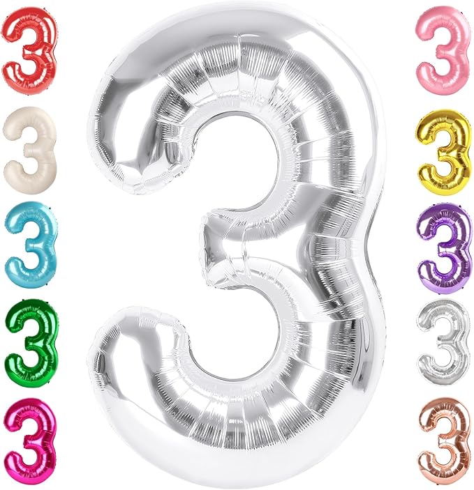 Numbers Balloon 3, 40 Inch Large Silver Balloon for Three Year Old Birthday Decor, 3 13 30 31 Birthday Party Decorations for Wedding Supplies