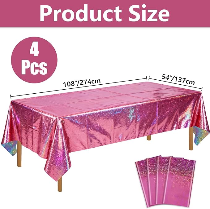 4Pcs Holographic Tablecloths Rectangular Iridescent Tablecloth Shimmer Metallic Table Covers for Girls Princess Wedding Graduation Birthday Party Decorations, 54 x 108Inch (Hot Pink)