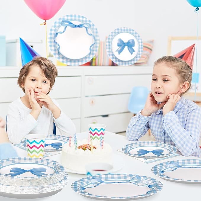 96Pcs Blue Bow Birthday Decorations Blue and White Gingham Plaid Plates and Napkins Sets Coquette Party Decorations for Girls Boys Baby Shower Summer Picnic BBQ Barbecue Party Supplies Serve 24