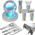201-piece disposable party tableware set with paper plates, cups, napkins, straws, tablecloths, plastic knives, forks and spoons for a variety of party occasions for up to 25 people (Silver Rainbow)