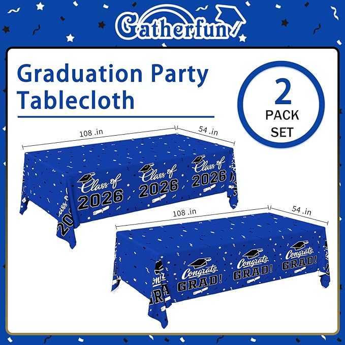 Gatherfun 2026 Graduation Decorations : 2-Pack Congrats Grad Disposable Tablecovers - Class of 2026 Blue Themed Table Cloths, for Graduation Party Supplies & Graduation Backdrop, 54" X 108"