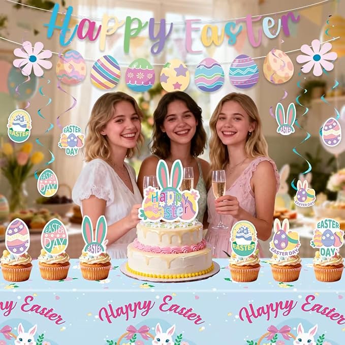 Easter Party Supplies Set, Easter Theme 331 Pieces with Plates, Napkins, Cups, Banner, Balloon, Tablecloth, Flag Swirls and Tableware for 40 Guest Pink and Blue Design for Party