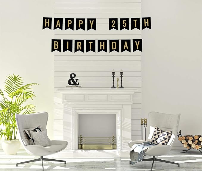 Andaz Press Faux Gold Glitter on Black Birthday Party Banner Decorations, Happy 25th Birthday, Approx 5-Feet, 1-Set, Milestone Colored Hanging Pennant Decor