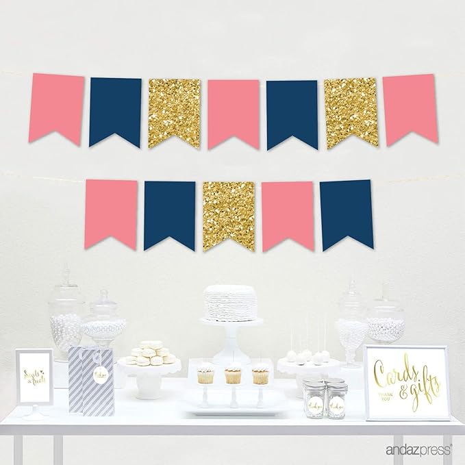 Andaz Press Hanging Pennant Banner with String, Coral, Navy, Faux Gold Glitter, 1-Set, 24 Pennants, Approx. 12-Feet Long