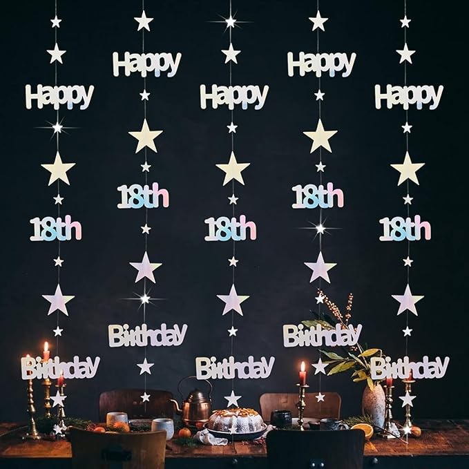 18th Birthday Decorations for Girls Iridescent Metallic Twinkle Star Garland Hanging Streamers Pre-Strung Eighteen Banner 18 Year Old Backdrop Decor Party Supplies
