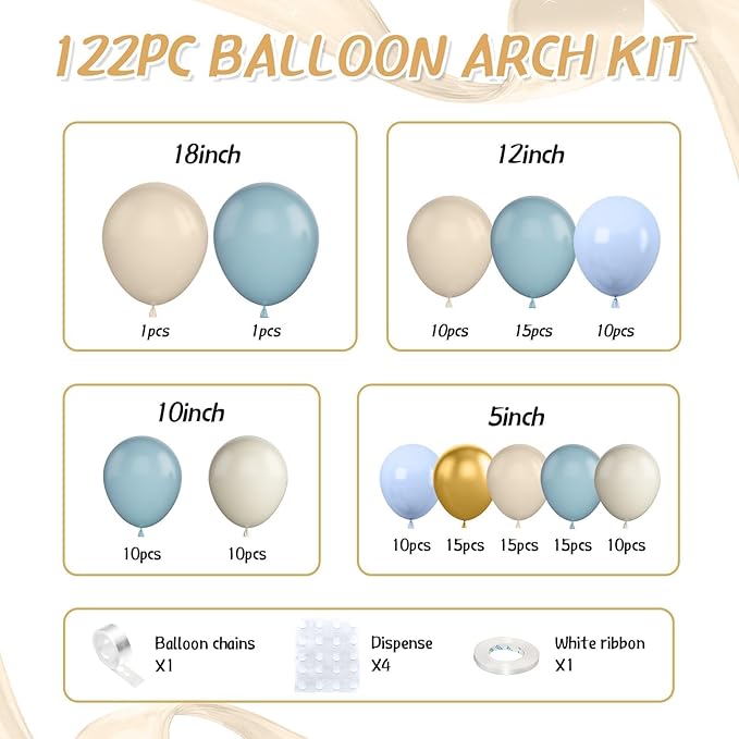 Dusty Blue Balloon Arch Kit,122Pcs Light Blue Sand White Metallic Gold Matte Balloons for Kids Boy Baby Shower Decorations Wedding Graduation Bridal Engagement Birthday Party Supplies