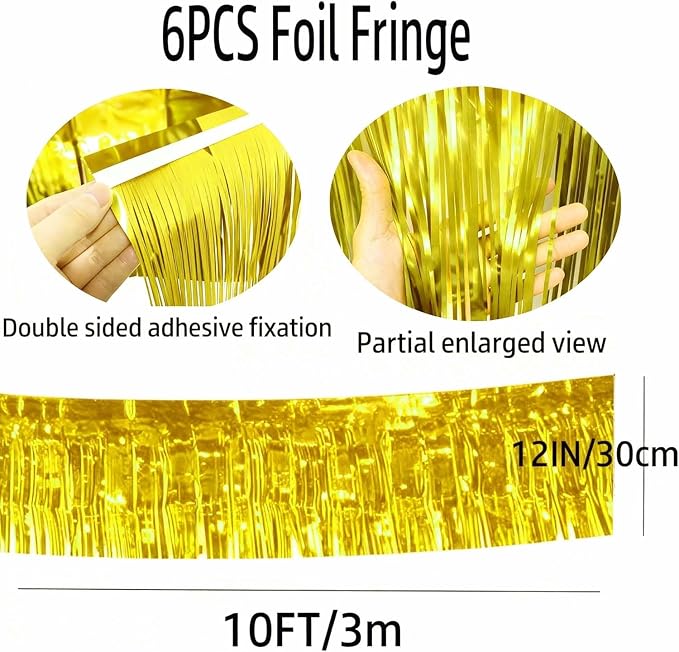Gold Foil Fringe Garland 6Pcs 10 Feet Metallic Tinsel Hanging Curtain Glitter Backdrop Banner for Parade Floats Christmas Wedding Party Decorations