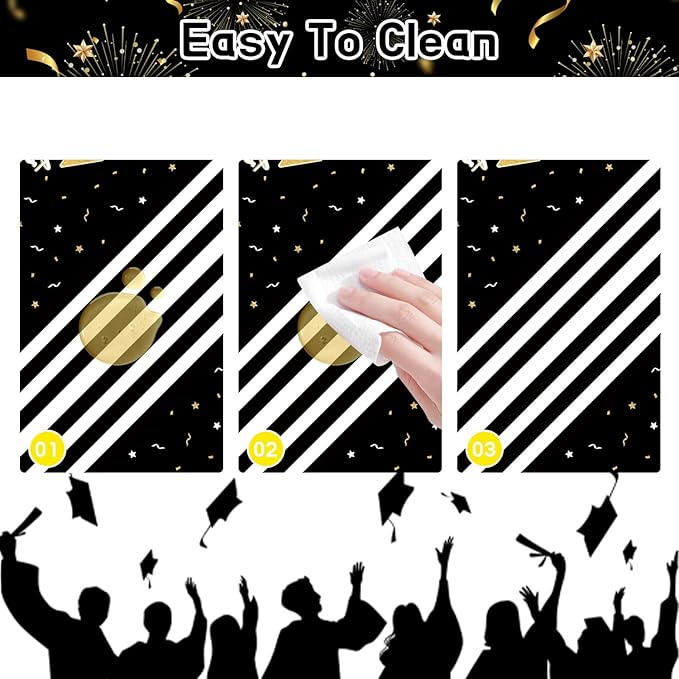 7-Pack Graduation Party Decorations Set, 3 Black Gold Graduation Tablecloths 54x108in, 2026 and Grad Balloons, 2 Foil Fringe Curtains for High School College Graduation Party Photo Booth