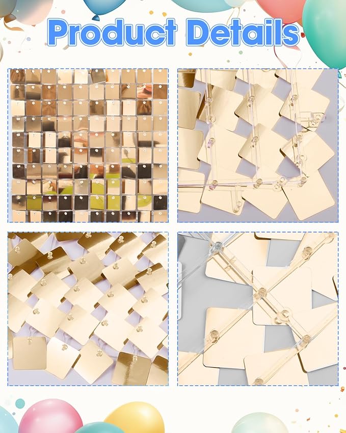 Light Gold Shimmer Wall Backdrop 48 Panels Cover 8 x 6 Ft, Photo Backdrops for Wedding,Anniversary,Birthday,Party Decoration
