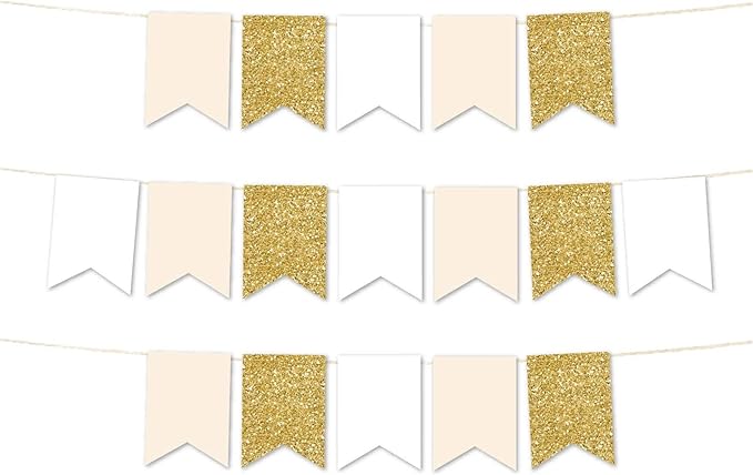 Andaz Press Hanging Pennant Banner with String, White, Ivory, Faux Gold Glitter, 1-Set, 24 Pennants, Approx. 12-Feet Long