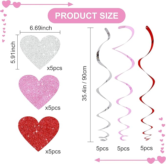 BEISHIDA Happy Valentine's Day Pre-Strung Hanging Swirls Valentine's Decorations Red Pink Silver Glitter Heart Hanging Decorations for Mother's Day Wedding Anniversary Proposal Party Supplies 15Pcs