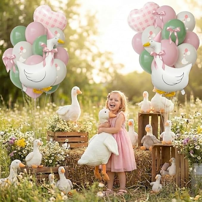 One Silly Goose Birthday Decorations Girl – Goose Balloons with Pink Printed Latex Balloons, Pink Bow & Hats, Cute Baby Girl 1st Birthday Party Supplies