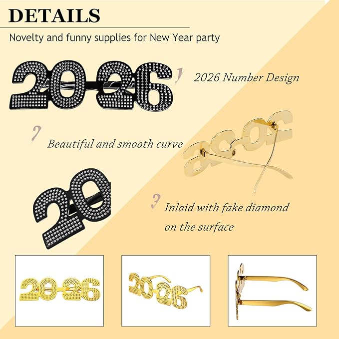 Kanayu 3 Pcs 2026 New Years Party Supplies Glasses New Years Eve Glasses Props for Women Men, Gold, Silver, Black(Diamond Style)