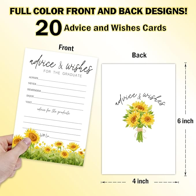Sunflower Advice and Wishes Cards for the Graduate Cards 4x6 Inch Sunflower Grad Party Game Card 20 Pcs Double Sided Grad Advice and Wishes Card for Graduation Party Decoration for College Y439