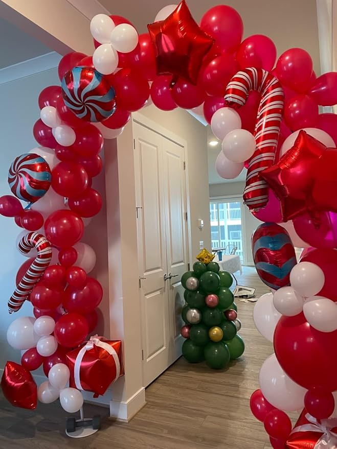 Leesoot Christmas Balloons Arch Decorations 138pcs Red White Balloons for Party Gift Star Candy Cane Balloons Indoor Outdoor Decor Christmas Balloon Garland Arch Kit
