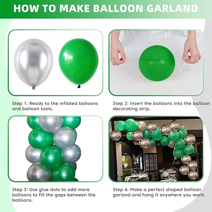 Green and Silver Balloon Garland, 100 Pcs Metallic Silver and Dark Green Balloon Arch Kit, Metallic and Latex Balloons Different Sizes for Graduation Jungle Safari Themed Party Decorations