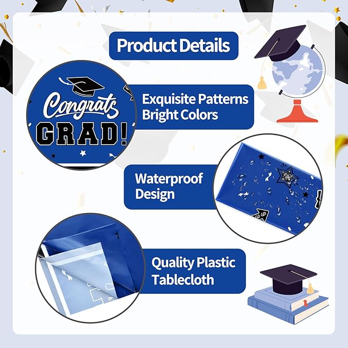 2-Piece 54 x 108 Inch Graduation Plastic Tablecloth – Graduation Disposable Rectangle Table Covers with “Congrats Grad” Design for Class of 2026 Party, School and Home Decorations