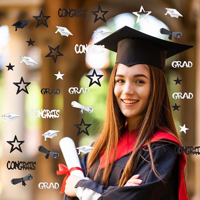 Silver and Black Graduation Confetti 2026, 1000 Pcs Congrats Grad Confetti Class of 2026 Party Table Centerpiece for 2026 Graduation Party Decorations