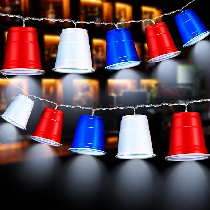 Hiboom Red White and Blue Cups Light, Christmas Shot Cups Fairy String Lights Battery Operated LED for 4th of July Independence Day Christmas Decor Memorial Day Bar Graduation RV Party(1 Pack)