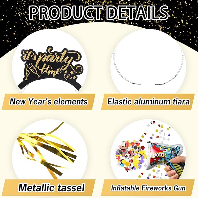 136 Pcs New Years Eve Party Supplies Kit New Year's Eve Party Supply Include Hats Glasses Headbands Blowouts Balloons Inflatable Fireworks Gun Banner for 2026 Holiday Celebration Decor