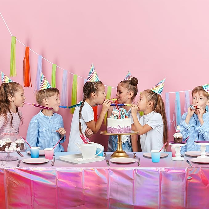 1 Pack Iridescent Pink Plastic Tablecloths, FunnyPars Shiny Disposable Laser Rectangle Table Covers, Holographic Foil Tablecloth Iridescent Party Decorations for Kpop Birthday Wedding Xmas, 54x108Inch