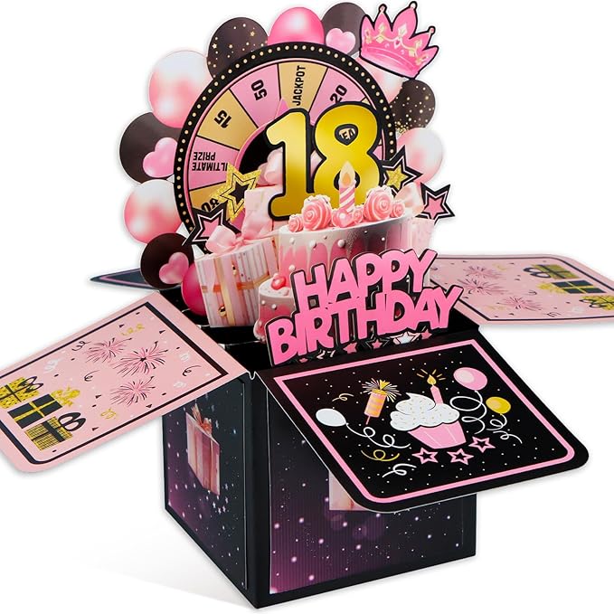 FaCraft Pop Up 18th Birthday Card - Handmade Happy Birthday Pop Up Greeting Cards Gift with Envelope and Blank Insert, Spinning Wheel Design, 18 Year Old Teens, Girls, Daughter
