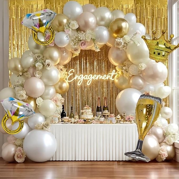 Engagement Balloon Arch Kit Double Stuffed Latex White Nude Beige Gold Balloon Garland with Fringe Curtain, Foil Balloons for Boho Neutral Wedding Bridal Shower Anniversary Birthday Party Decorations