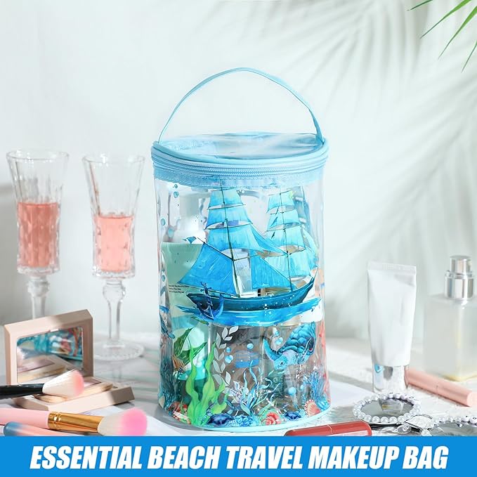 Sanwuta Beach Gifts Heavy Duty Clear Lotion Toiletry Bags for Travel Sunscreen Makeup Cosmetic Pouch Cylinder Bag Waterproof Portable Trip Bag with Handle Zipper(Sailboat)