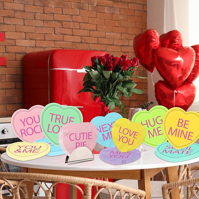 HAKOTI Valentine’s Day Paper Plates Supplies Conversation Heart Tableware,40Pcs Heart Shaped Plates and Napkins