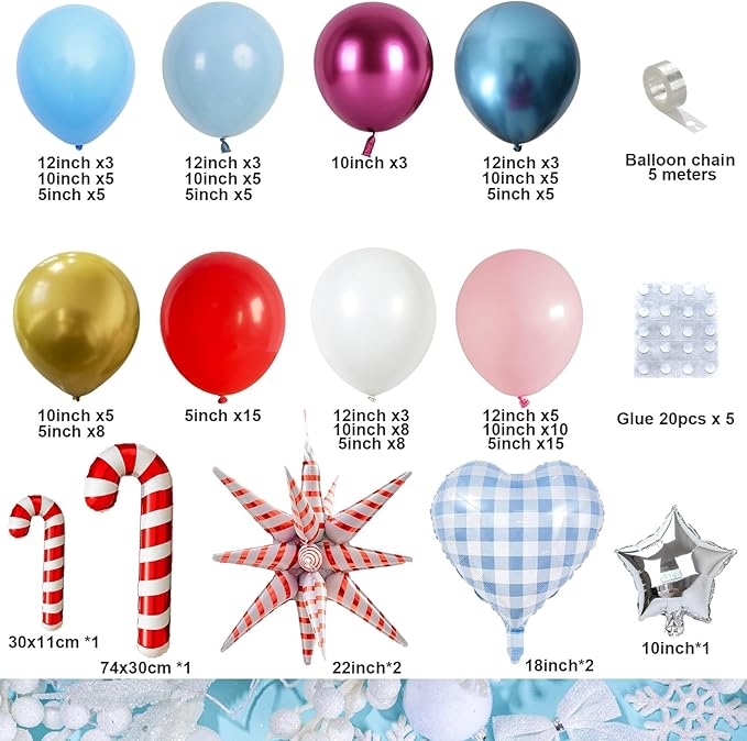 Christmas Balloon Arch, 133Pcs Red Pastel Baby Pink Blue Xmas Winter Wonderland Balloons with Metallic Gold Blue Pink Candy Cane Exploding Star Foil Balloon for Merry Christmas Party Decoration