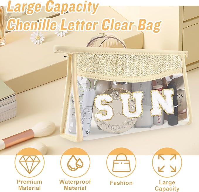 Iqimott 2Pcs Preppy Patch Sun Bag Makeup Letter Bag, Boho Letter Sun Bags for Beach Swim, Waterproof Zipper Make up Bags Toiletry Pouch for Women Girls, Clear Transparent Pouch for Travel(Sun)