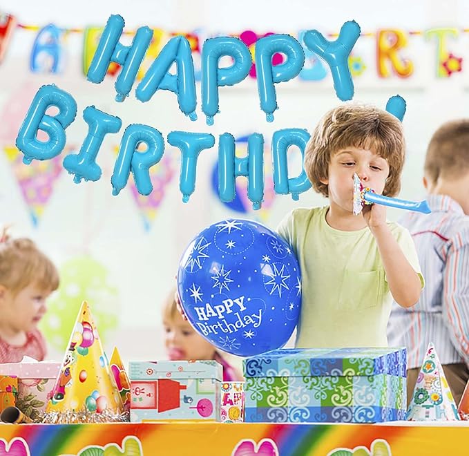 KALOR Light Blue Happy Birthday Balloons Banner, 16 Inch Mylar Foil Letters Balloon Sign for Birthday Party Decorations Photo Booth Backdrop