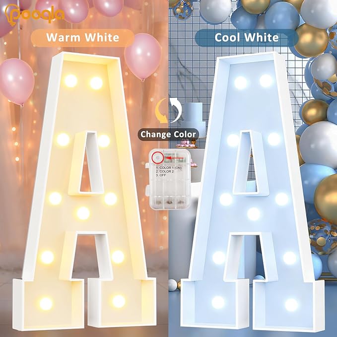 Pooqla 3FT Light Up Marquee Letters, Cool White and Warm White LED Large Lighted Marquee Letters, Giant Mosaic Letter Sign for Balloons Birthday Anniversary Wedding Party Decoration, LED E