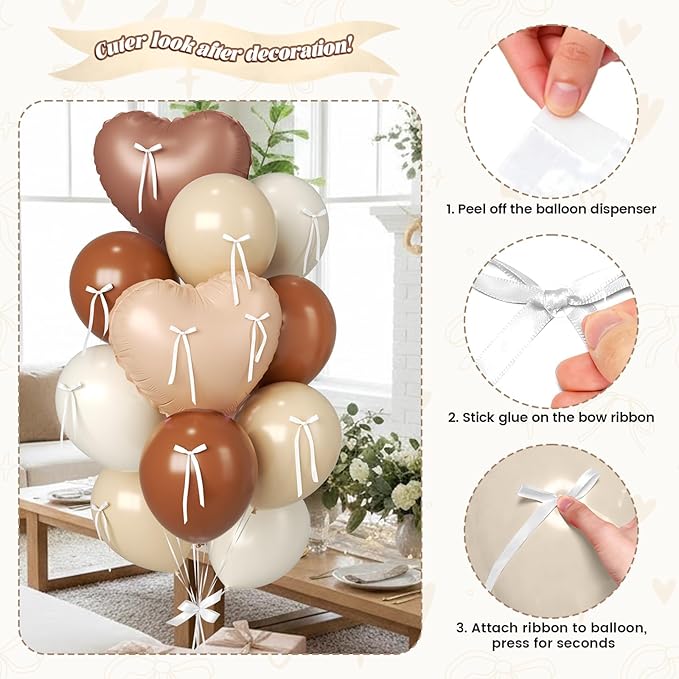 16Pcs Apricot Brown Heart Balloons, 38 Inch Bow Balloons, Tan Beige Sand White Balloon and Bow Heart Shaped Foil Balloon for Neutral Birthday Wedding Bridal Baby Shower Valentines Day Decorations