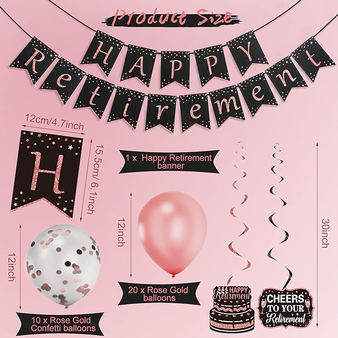 Tenare 44 Pcs Retirement Party Decorations Retirement Party Banner Balloons Confetti Hanging Swirls Decor Kit for Women Party Indoor Outdoor Supplies(Black and Rose Gold)