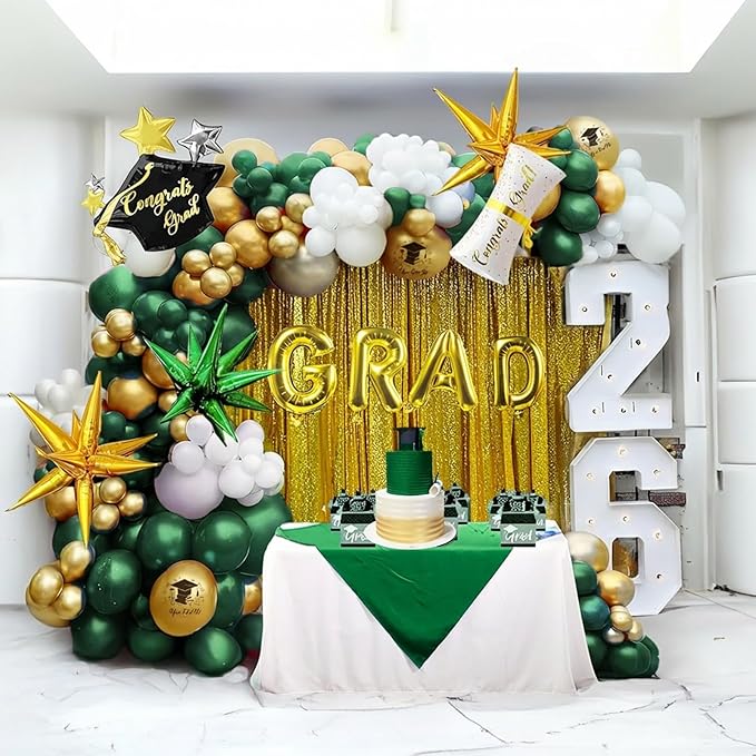 Green Graduation Balloon Garland Arch Kit 115PCS with Graduation Star print Certificate Letter Mylar Foil Balloons for Graduate Class of 2026 Grad Prom party Decorations Supplies (Green Gold White)
