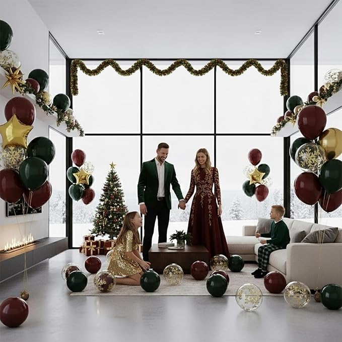 Christmas party decorations with Maroon Hunter Green Gold confetti Balloon arch & foil Star balloons & Artificial Snowflake Xmas Garland for Winter friendsmas new year party decorations (Maroon)