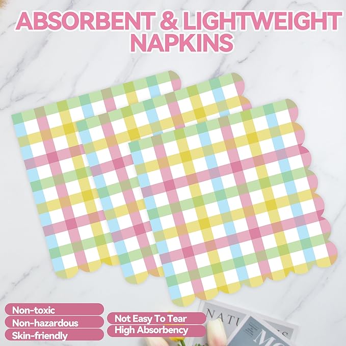 50PCS Easter Gingham Party Supplies - 7Inch Colorful Buffalo Plaid Scalloped Paper Plates and Napkins Set Disposable Dinner Cutlery for Easter Baby Shower Birthday Party, Serve 25