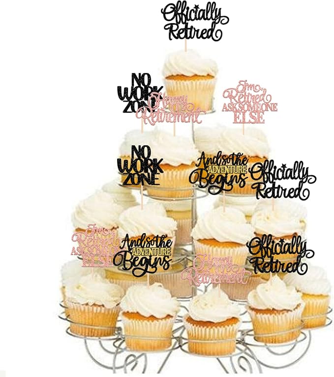 30 PCS Happy Retirement Cupcake Toppers Officially Retired Cupcake Picks No Work Zone Adventure Begins Cake Decorations for Retirement Theme Farewell Birthday Party Supplies Black Rose Gold