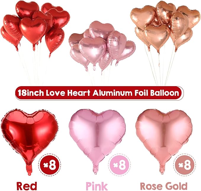 Golray 24pcs Heart Foil Balloons Love Red Pink Gold Rose 18 Inch Mylar Balloon for Valentine Day Decorations Backdrop Balloons Wall Romantic Night Proposal Wedding Anniversary Valentine Party Decor