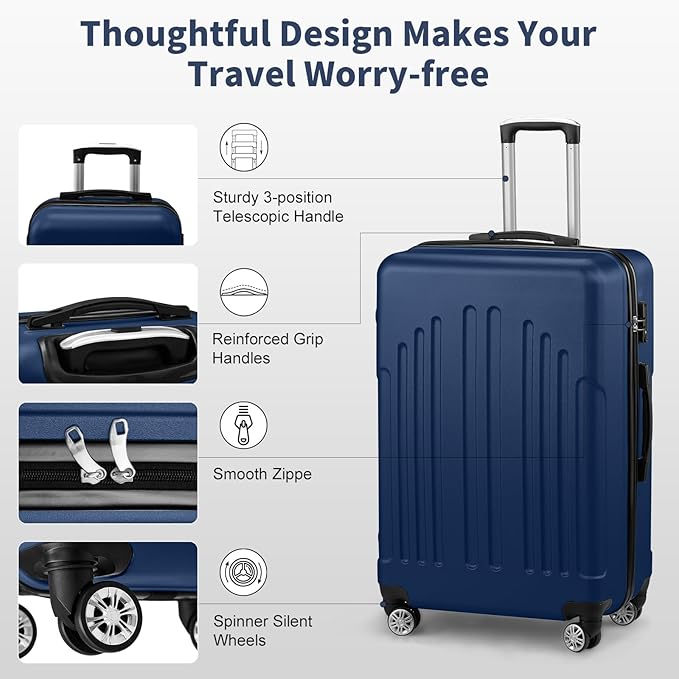 Karl home 24in Checked Luggage with TSA Lock, ABS Hardshell Check-in Suitcase with Spinner Wheels, Durable Medium Suitcase Rolling Luggage for Business Travel, Navy Blue
