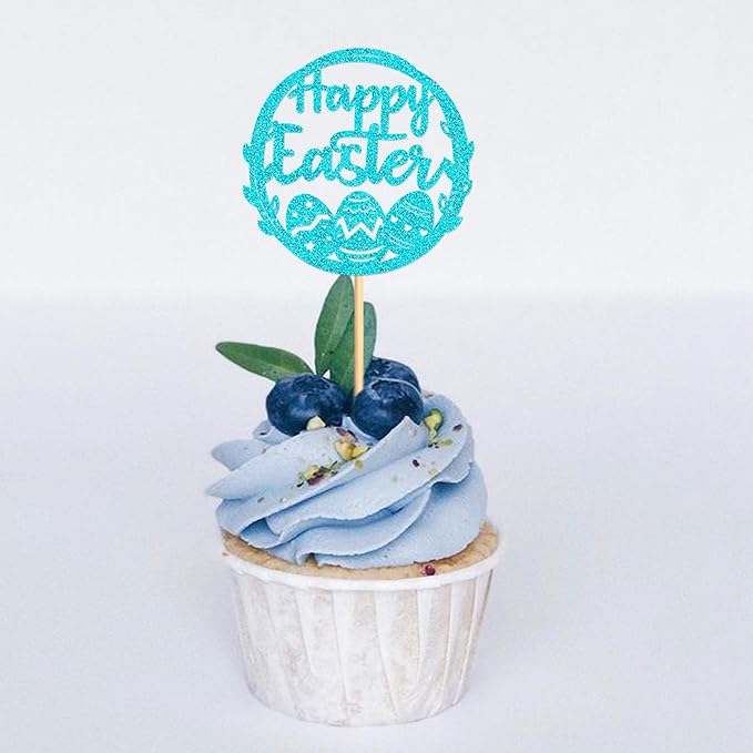 Ercadio 24Pcs Happy Easter Cupcake Toppers Glitter Blue Happy Easter Eggs Cupcake Picks for Easter Day Theme Baby Shower Easter Birthday Wedding Anniversary Party Cupcake Decorations