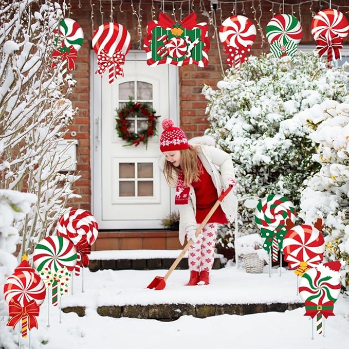 JOICEE 13pcs Christmas Outdoor Yard Signs Candy Decorations with LED Lights, Peppermint Lollipop Candy Signs with Stakes for Holiday Party Home Lawn Pathway Decorations Supplies