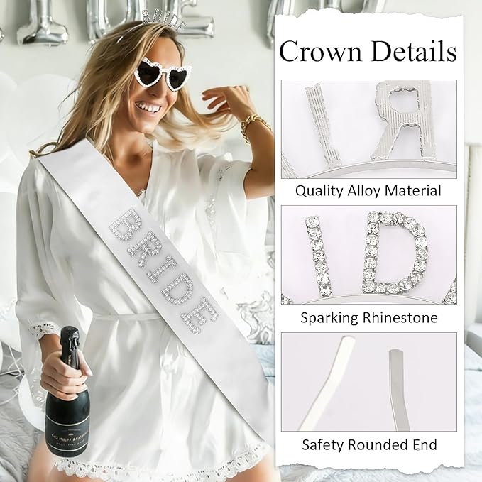 Bride To Be 3-Piece Set - Rhinestone BRIDE Headband, Pearl Heart Sunglasses & Rhinestone Sash for Bachelorette Party, Bridal Shower & Wedding Celebrations