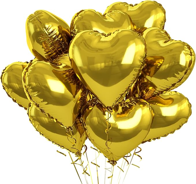 Gold Heart Foil Balloons - 10PCS Heart Shaped Valentines Decorations, 18inch Love Balloons for Helium Wedding, Birthday, Anniversary