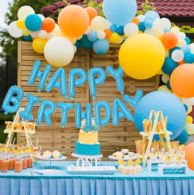 KALOR Light Blue Happy Birthday Balloons Banner, 16 Inch Mylar Foil Letters Balloon Sign for Birthday Party Decorations Photo Booth Backdrop